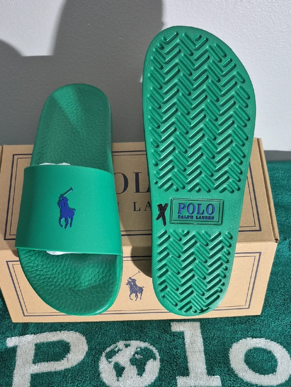 Polo by Ralph Lauren Green Slide Sandals with Blue Logo